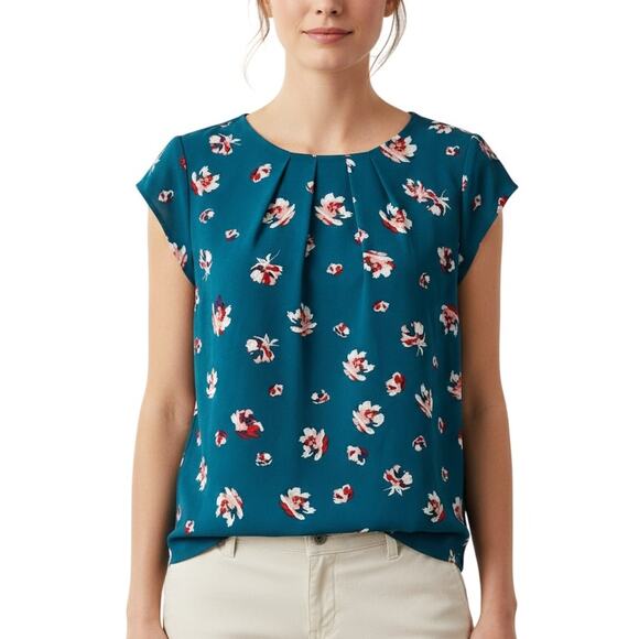 41 Hawthorn Teal Floral Pleated Short Sleeve Blouse Women’s Large Petite NWT - Picture 1 of 7